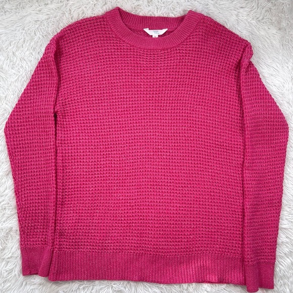 Time and Tru Womens Pink Waffle Knit Crewneck Sweater Recycled Polyester L 12-14 - Picture 3 of 10